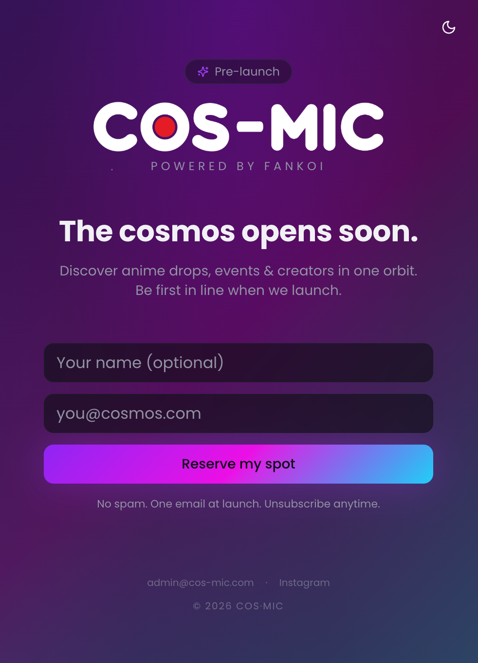Cos-Mic pre-launch page powered by Fankoi